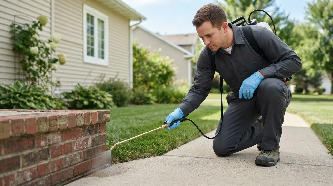 Pest control technician treating a home near The Plains, VA